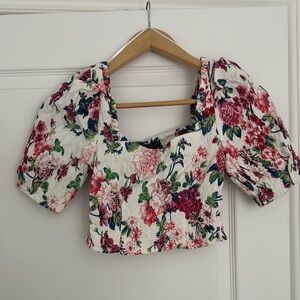 Zara Floral Puff Sleeve Blouse - White and Pink